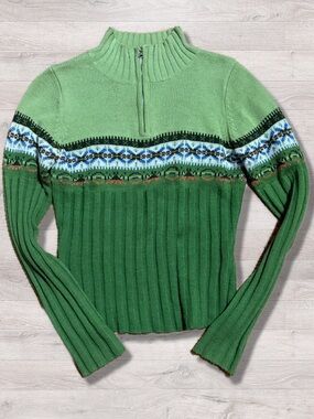 Y2K 2000s Taunt Green Slim Fit Tight Quarter Zip Mock Neck Sweater Medium